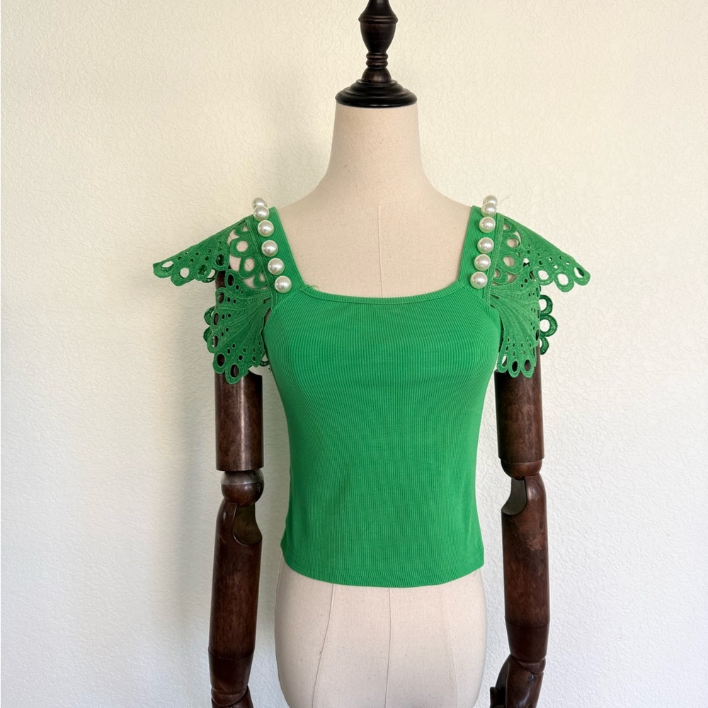 Green Pearl-Embellished Eyelet Sleeve Square-Neck Top